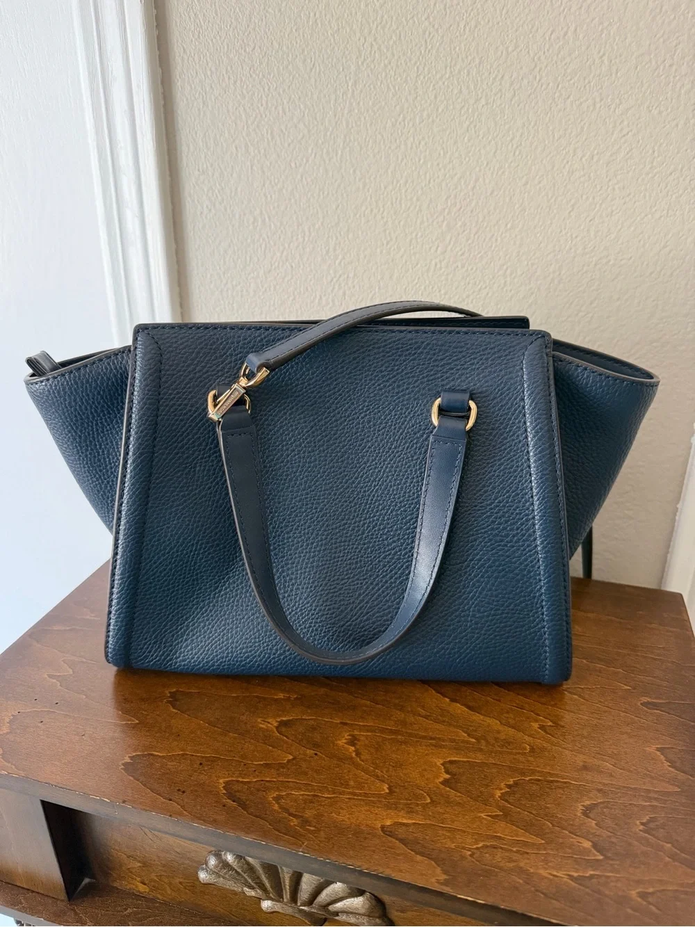 Michael Kors Navy Pebbled Leather Satchel with Gold Hardware